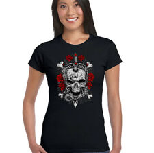 Biker T-Shirt Womens Skull With Roses & Sword Rebellion Motorbike Tattoo Gothic