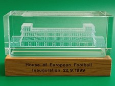 Vintage House of European Football UEFA Engraved Glass Paperweight on Wood Base
