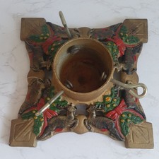 Vintage Painted Green Cast Iron Christmas Tree Stand Red Gold Green Reindeer 