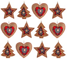 Tartan Jute Christmas Tree Baubles Decorations - Set of 12 - Country Rustic