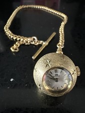 Vintage Bucherer Swiss Pendant Watch Star Motif Working Order with Chain & T-Bar