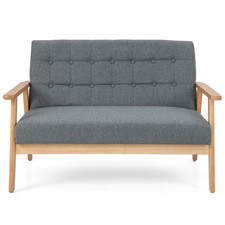 COSTWAY Linen Loveseat Sofa 2-seat Cushioned Couch with Rubber Wood Frame-Grey