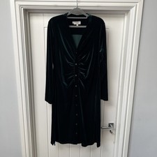 Hobbs Shirt Dress Women's UK 16 Green Velvet Velour Straight Midi Button Stretch