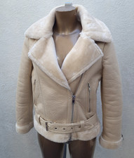 Topshop Shearling Aviator Biker Jacket Size 6 Petite Beige Cream Faux Leather
