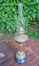 Antique Brass Oil Lamp, Duplex Burner, Corinthian Column, Black Base, Chimney