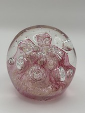 Vintage Art Glass Paperweight Pink Swirl Controlled Bubbles Sphere Ball