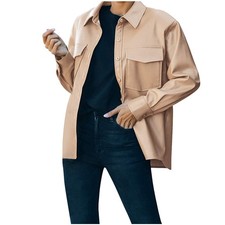 Khaki XXL Women PU Leather Jacket Casual Shirt Long Sleeve Button Down Blazer