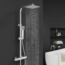 Bathroom Mixer Shower Thermostatic Twin Shower Head Square Bar Valve Set Chrome