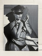 Black and White Canvas Oil Painting of Policewoman Smoking a Cigarette