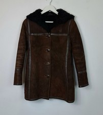 Genuine Shearling Sheepskin Coat Size XS Chocolate Borg Hood Leather Duffle