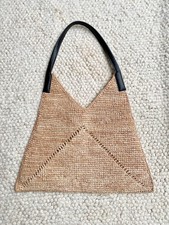 Beige & Black FLAT RAFFIA STRAW EFFECT TOTE SHOULDER BAG + F