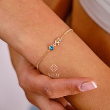 14K Solid Gold Elephant Bracelet, Good Luck Charm Bracelet, Dainty Gold Chain