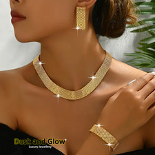 UK Women Ladies Gold Fashion Jewelry Gift Set Necklace Braclet Drop Earrings NEW