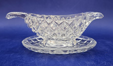 VINTAGE GLASS PRESSED GLASS SET MINT / SAUCE BOAT JUG & SAUCER HOBNAIL CUT
