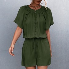 Green S Button Top Short Jumpsuit Lace Up One Piece Pants Casual Round Neck