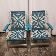 Vintage Pair Aluminum Folding Lawn Chairs Macrame Braided Woven Nordic Snowflake