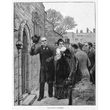 HAWARDEN CHURCH William Gladstone on a Sunday Morning - Antique Print 1880