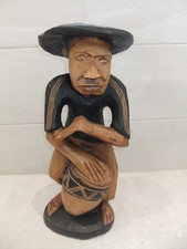 Large 48cm Folk Art Man Hat Tribal Carved Wood Drum Unusual Tribal Haitian Haiti