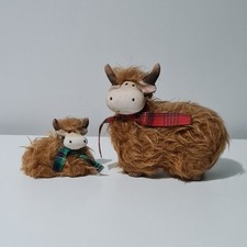 Fluffy Scottish Highland Cow & Calf Winter Figure Ornaments