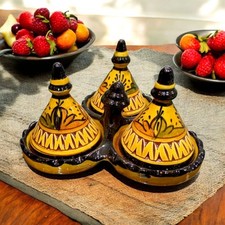 Set of 3 Handmade Moroccan Pottery Tagines for Spices and Sauces, dark green 