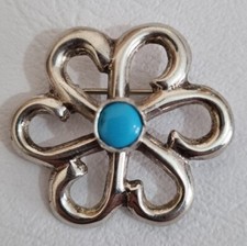 VINTAGE NAVAJO SAND CAST STERLING AND TURQUOISE PIN BROOCH