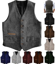 Mens Lined Tweed Waistcoats Hunting Wool Vests Herringbone Vintage Retro Wedding