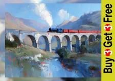 Majestic Mountain Viaduct Steam Train 5"x7" Print on Matte Paper | Oil Painting