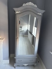 French Style Hardwood Carved Grey Single Door Full Mirrored Armoire Wardrobe 