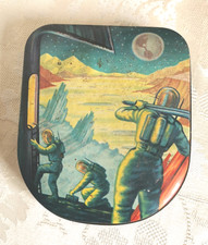 VINTAGE 1950s SHARP & SONS, TOFFEE TIN, SPACEMEN, ASTRONAUTS, MOON WALKING