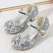 New Girls Kids Childrens Low Heel Party Wedding Mary Jane Sparkly Princess Shoes