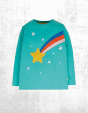 Ex Frugi Giel’s Long Sleeve Adventure Applique Top in Aqua Star Rainbow (Defect)