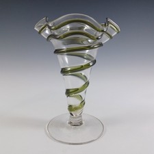 Stuart & Sons Victorian Green & Clear Glass Vase with Applied Trailing