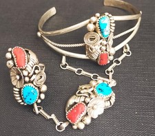 Handmade Native American Navajo Turquoise Coral Slave Cuff & Joined Ring Size M