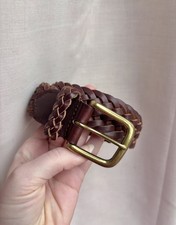 Vintage Mens Brown Leather Belt Woven Braided Solid Brass Buckle Size L