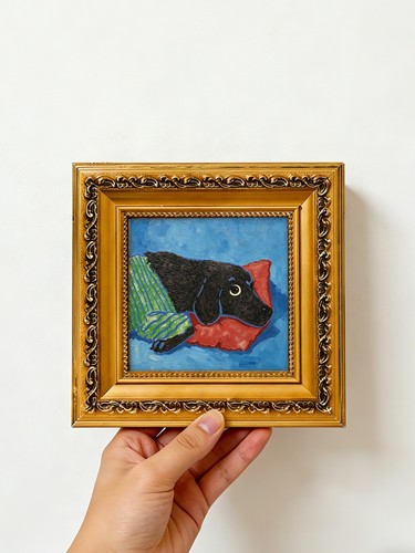Lying black dachshund art - black,