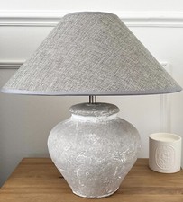 Large Stone Lamp Table Athena with Linen Shade Rustic Home Decor 40cm Grey