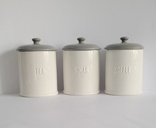 Tea Coffee & Sugar White Storage Jar Cannisters Set With Grey Lids