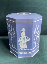 Vintage Blue & White Hinged Biscuit Tin Greek  Huntley & Palmer Style B2