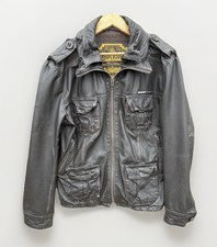 SUPERDRY Men’s Brown Leather Jacket L Fine Tailoring Co MLA-1001 Biker Military 