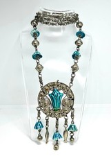Vintage Statement Necklace with Turquoise Blue Trim & Pendant - Ethnic Style