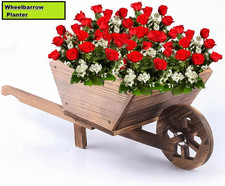 WOODEN WHEEL BARROW PLANTER MODERN GARDEN BURNT WOOD FLOWER CART ORNAMENTAL POT