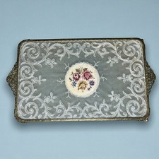 Vintage Ornate Dressing Table Tray Petit Point Embroidery & Lace Under Glass