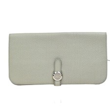 HERMES Logo Dogon Long Bifold Wallet Leather Gray SHW 32RF421