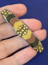 VINTAGE PIERRE BEX STYLE GEOMETRIC GOLD BURGUNDY BLACK ENAMEL BAR PIN BROOCH