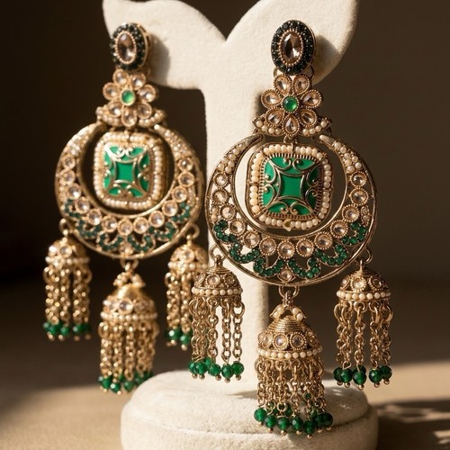Gold tone green stone jhumka - green,