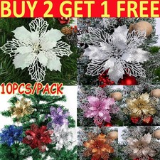 10X Christmas Large Poinsettia Glitter Flower Tree Hanging Xmas Party Decor UK