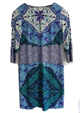 ALI RA Womens Blue Mix Floral 3/4 Sleeve Stretchy Jersey Shift Dress. Size UK 8.