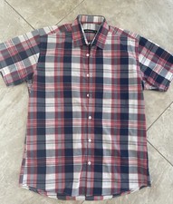 Cedar Wood State Striped Checkered Men Medium Short Sleeve Red Blue Collared EUC