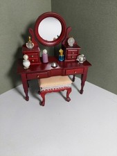 Dolls house 1/12th scale mahogany round mirrored dressing table & stool