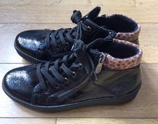 Rieker Black Patent Animal Print Cuff  High Top Trainer Bootie Size 5 New